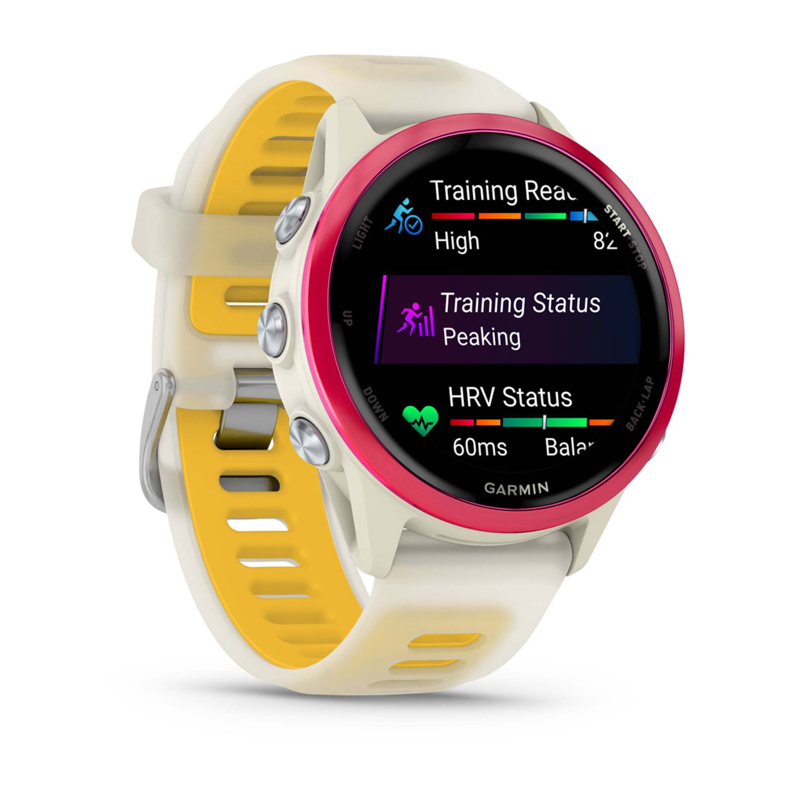 Forerunner 570 - 42Mm - Raspberry Aluminum With Translucent Bone/Mango Band - Image 3