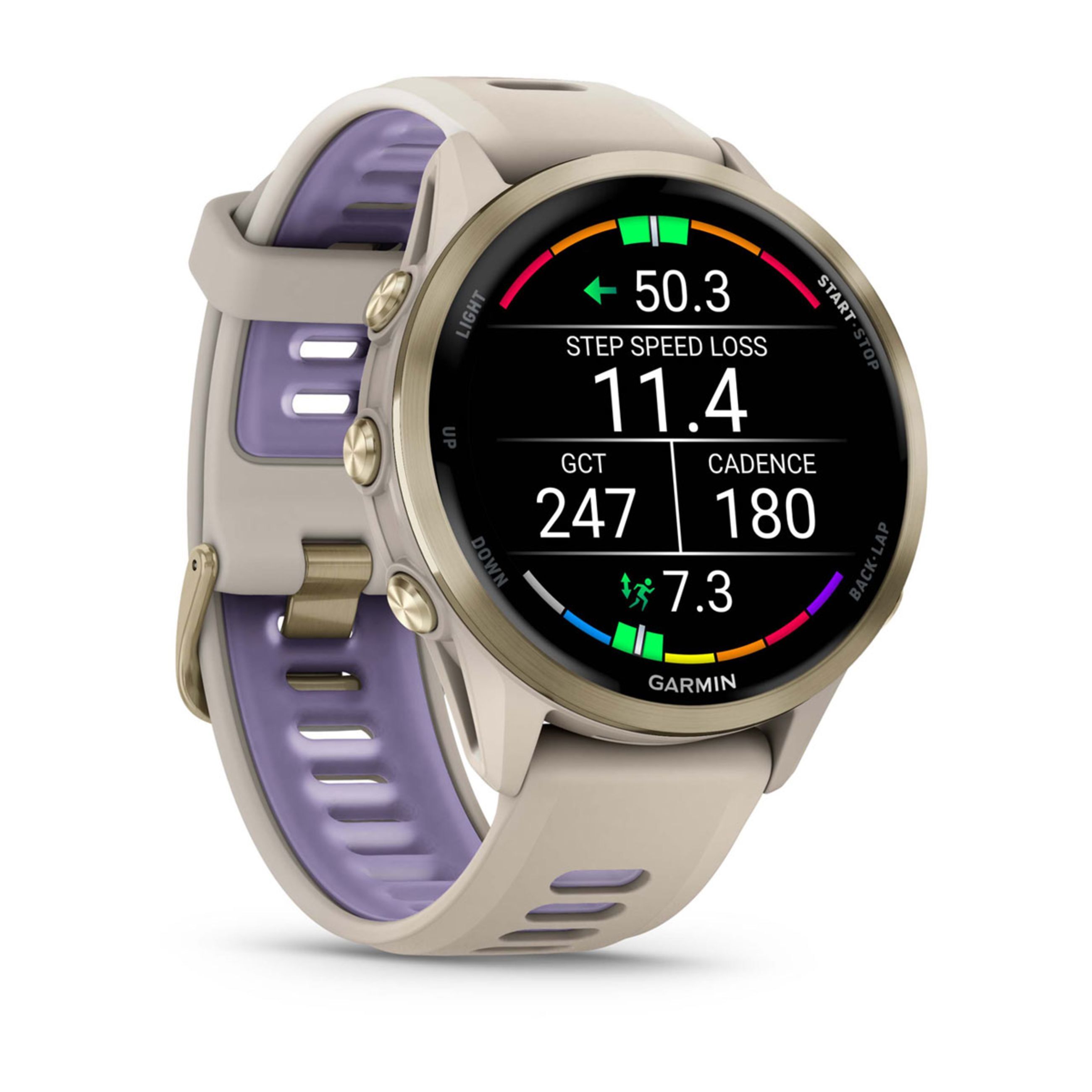 Forerunner 970 - Soft Gold Titanium With French Gray Case And French Gray/Translucent Indigo Band - Image 3